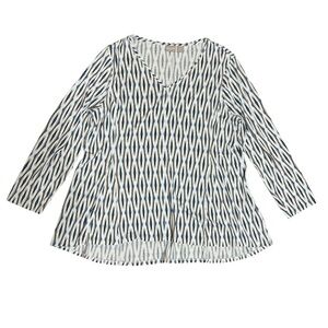 Chico's Zenergy Sz 3 - White & Blue Geometric Long Sleeve Top Blouse Shirt